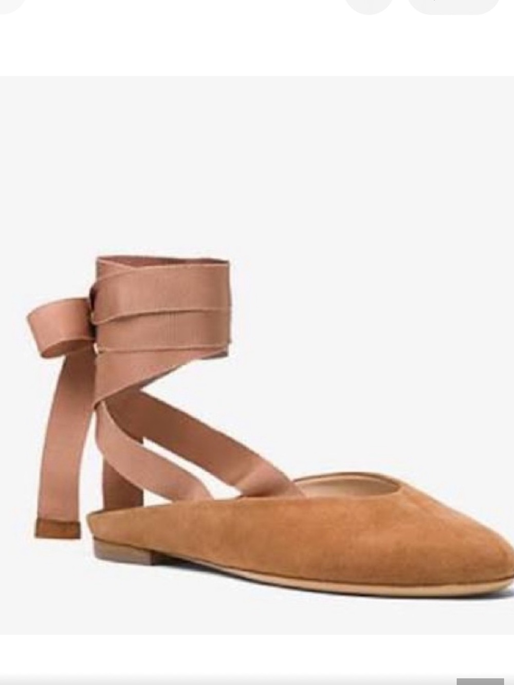 Michael Kors Collection Camel Suede Round Ballet Flat with Ankle Wrap